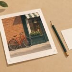 Printed blog article proof featuring a photograph of a red bicycle beside a blank annotation card and pencil.