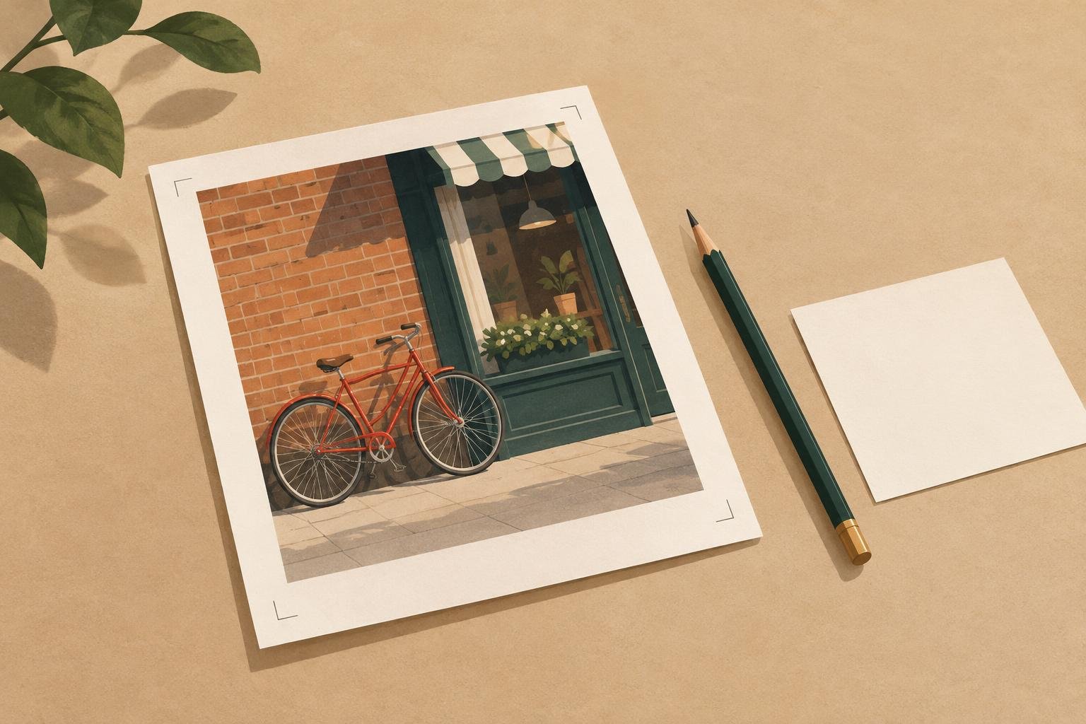 Printed blog article proof featuring a photograph of a red bicycle beside a blank annotation card and pencil.