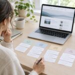 A blogger arranging topic notes beside a laptop while planning a clear blog structure