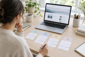 A blogger arranging topic notes beside a laptop while planning a clear blog structure
