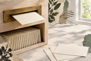 A blank card entering a brass mail slot beside envelopes, representing a blog signup invitation and welcome process.