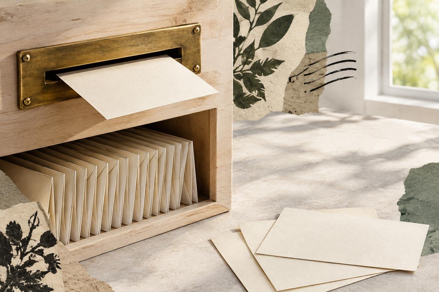 A blank card entering a brass mail slot beside envelopes, representing a blog signup invitation and welcome process.