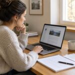 A blogger reviewing an older article on a laptop beside handwritten notes