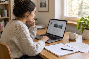 A blogger reviewing an older article on a laptop beside handwritten notes