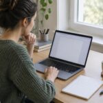 A new blogger outlining an article beside an open laptop before publishing a first blog post