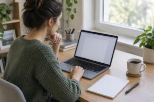 A new blogger outlining an article beside an open laptop before publishing a first blog post