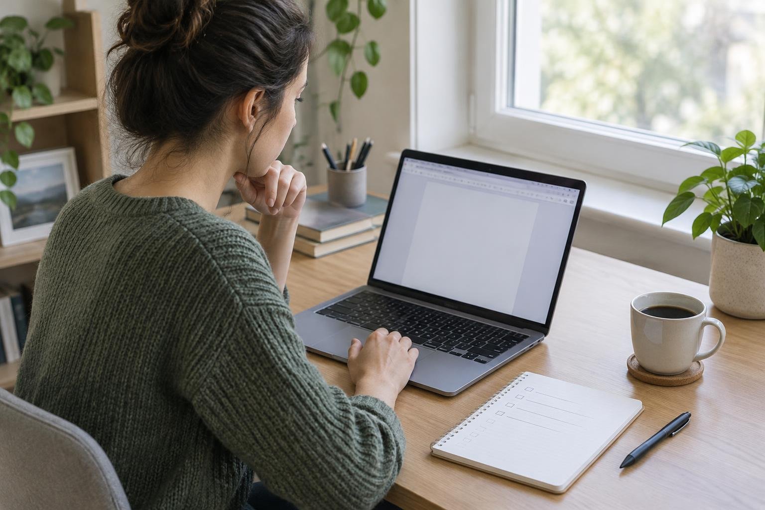 A new blogger outlining an article beside an open laptop before publishing a first blog post